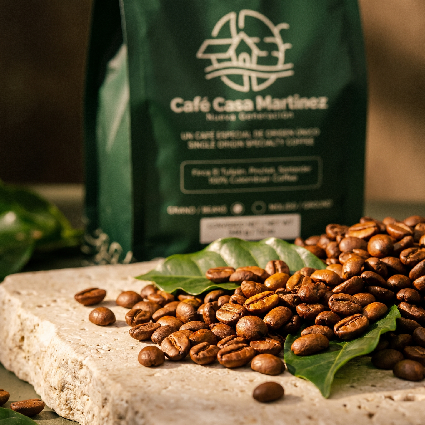 Casa Martínez Organic — macro of freshly roasted coffee beans