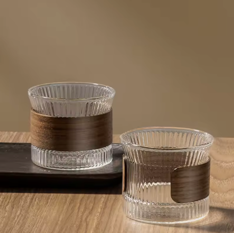 Minimal Japanese Glass Cup 170ml with Walnut Grip