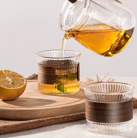 Minimal Japanese Glass Cup 170ml with Walnut Grip