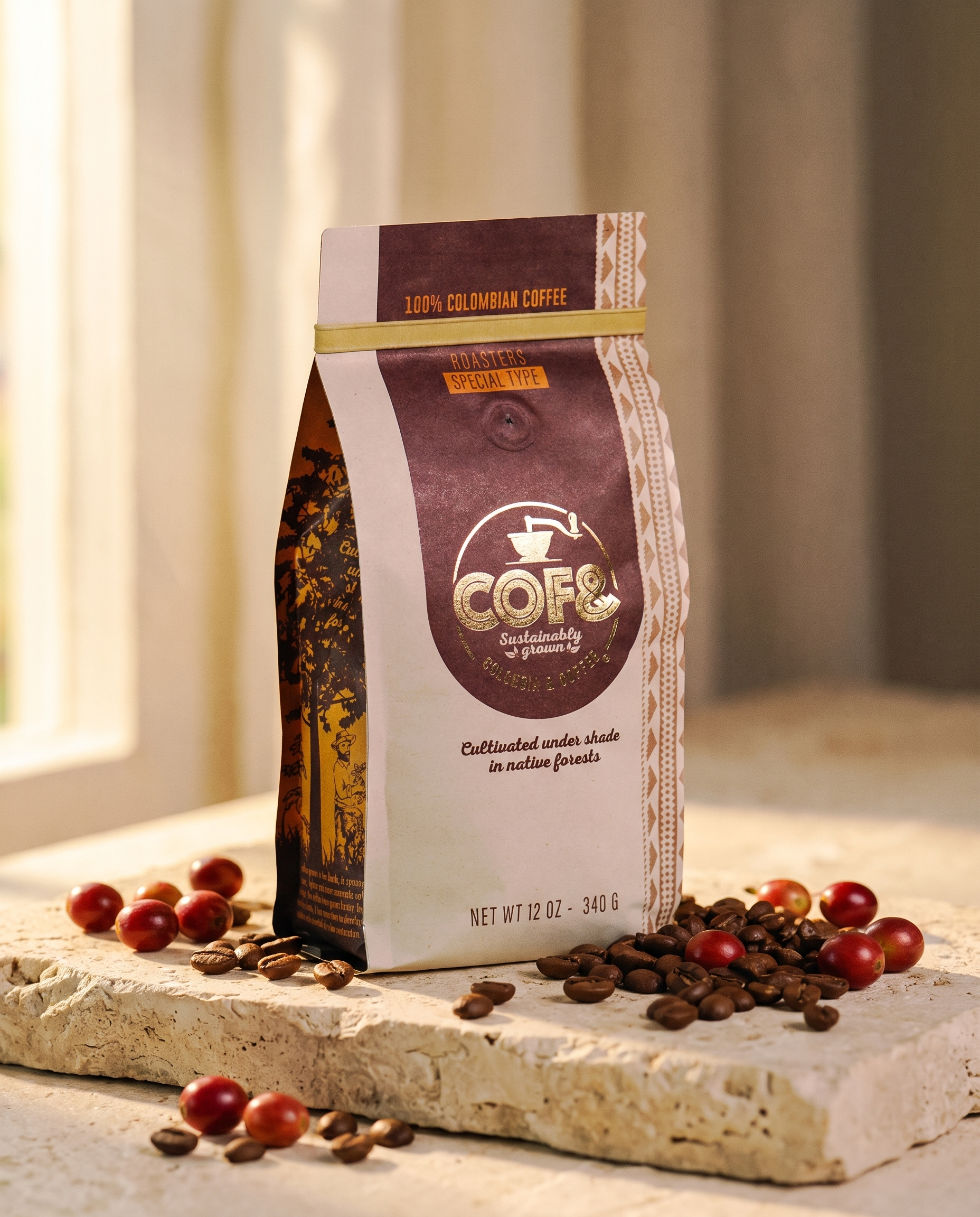Barichara Natural — bag on cream stone with coffee cherries, warm origin light