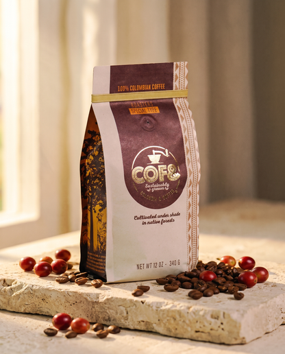 Barichara Natural — bag on cream stone with coffee cherries, warm origin light