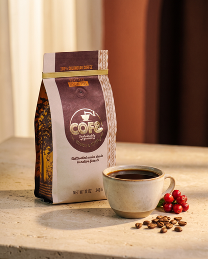 Barichara Natural — bag beside a freshly brewed cup and red berries