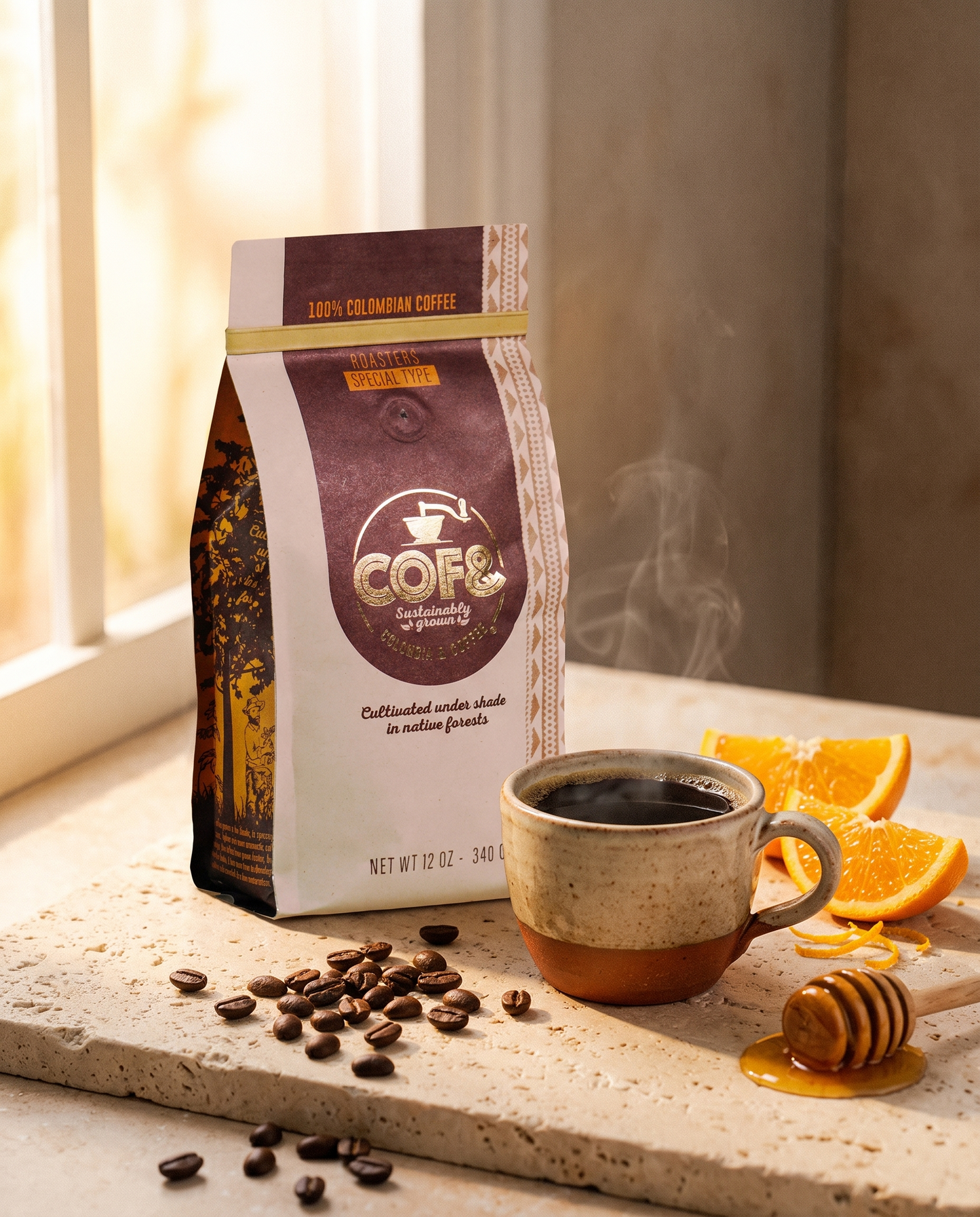Curití Washed — bag beside a brewed cup with orange and honey