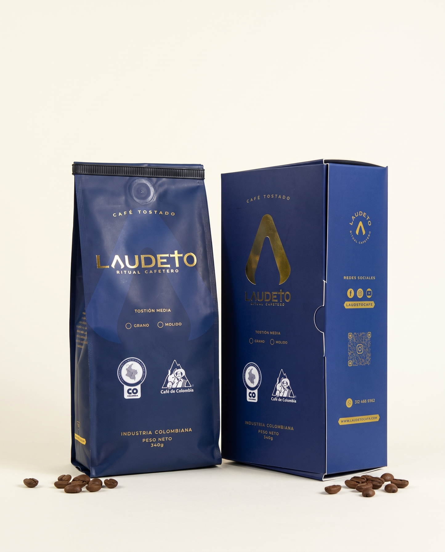 Laudeto Castillo — navy and gold coffee packaging, front