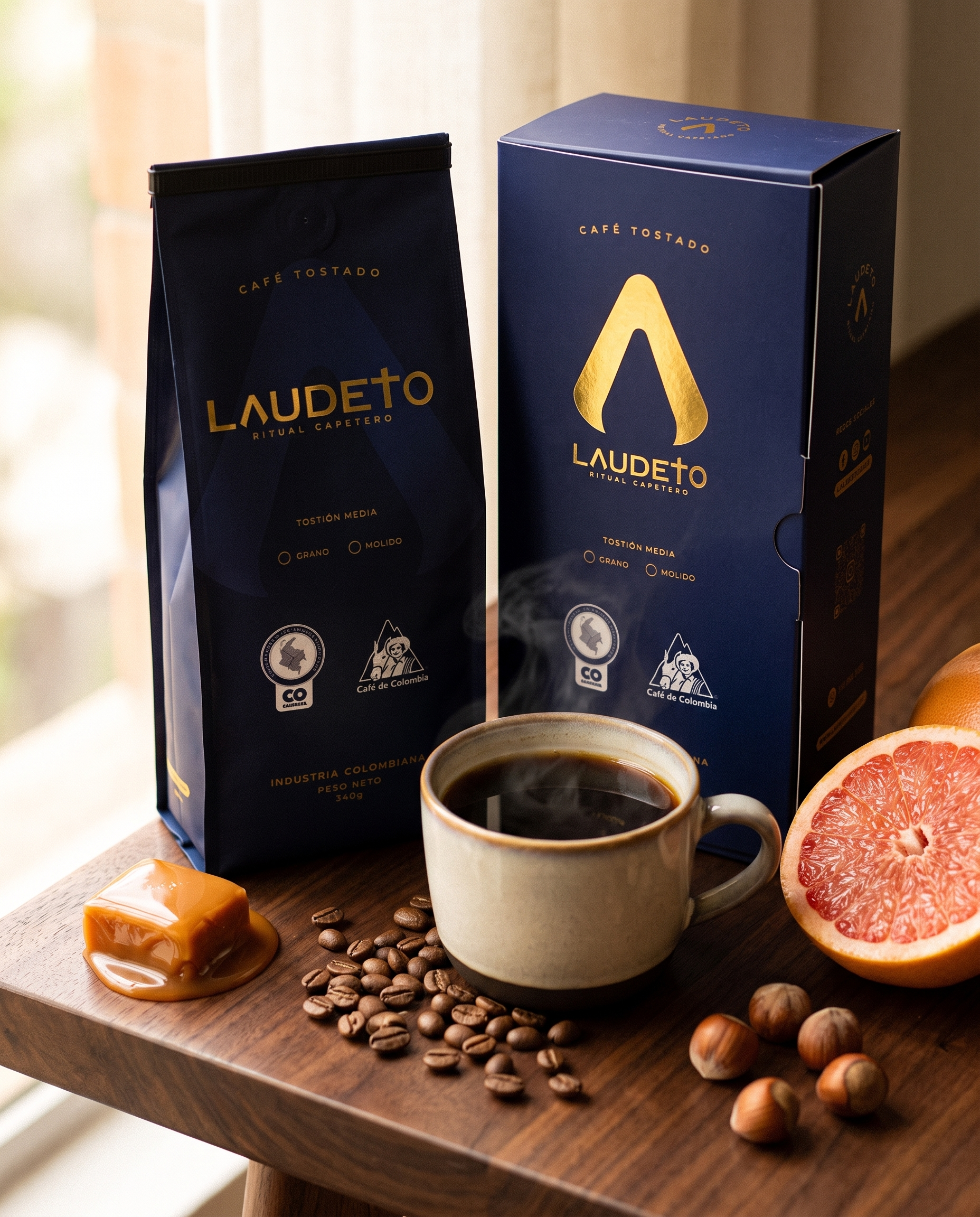 Laudeto Castillo — bag beside a brewed cup with caramel and grapefruit