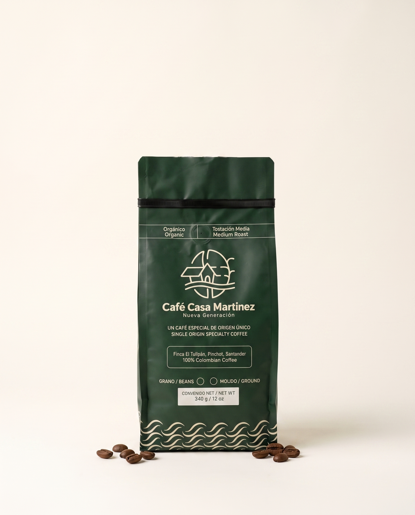 Casa Martínez Organic — forest-green coffee bag, front label