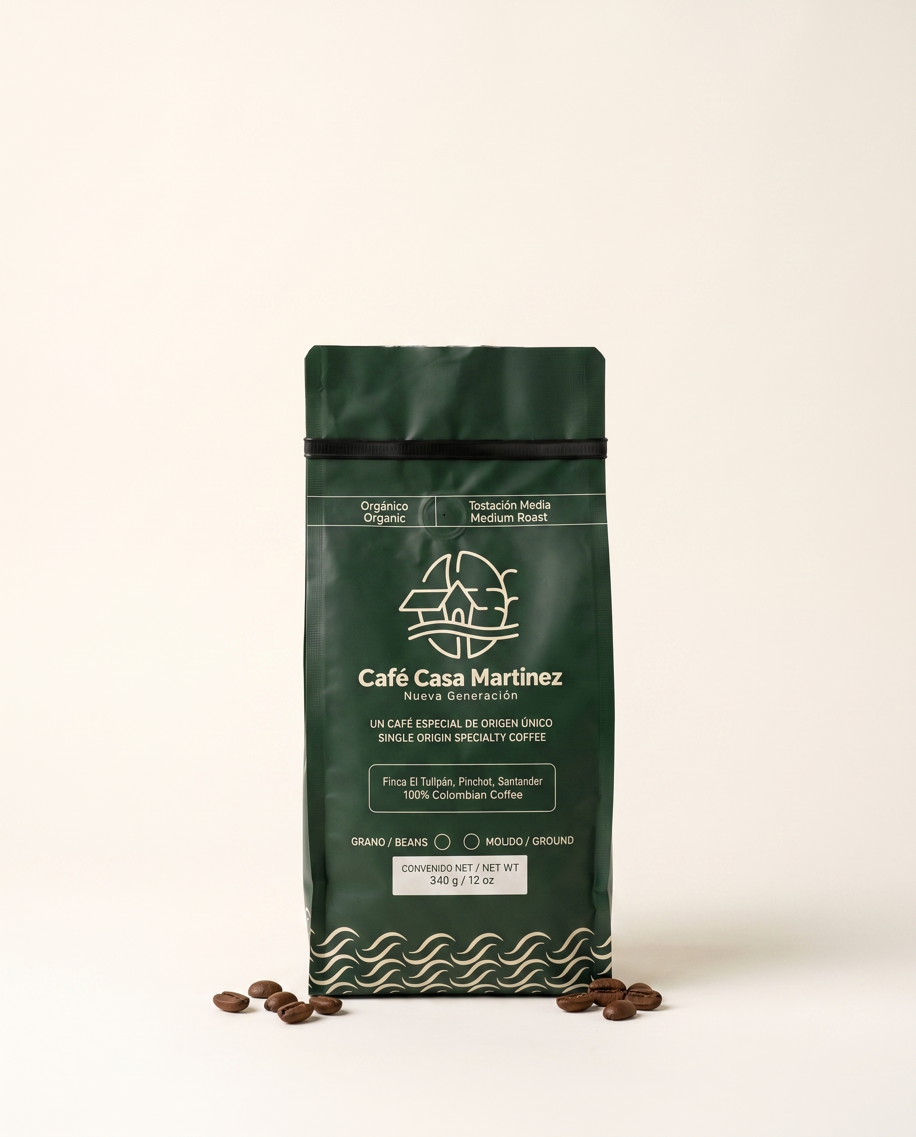 Casa Martínez Organic — forest-green coffee bag, front label