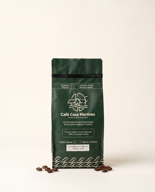 Casa Martínez Organic — forest-green coffee bag, front label