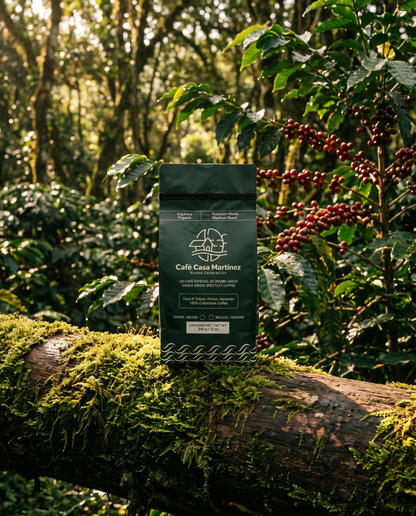 Casa Martínez Organic — bag resting on mossy log in native forest