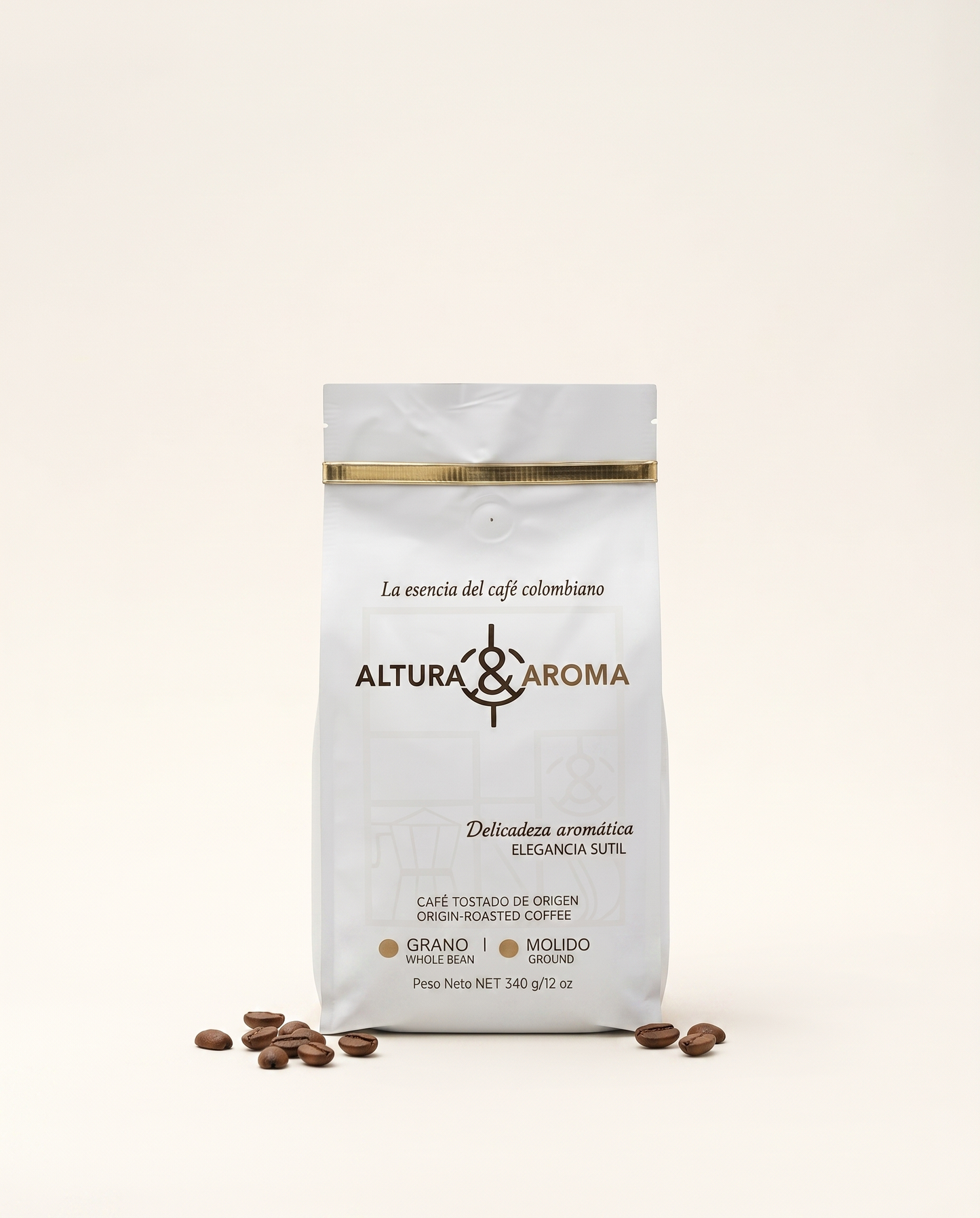 Altura y Aroma Geisha Washed — white and gold coffee bag, front