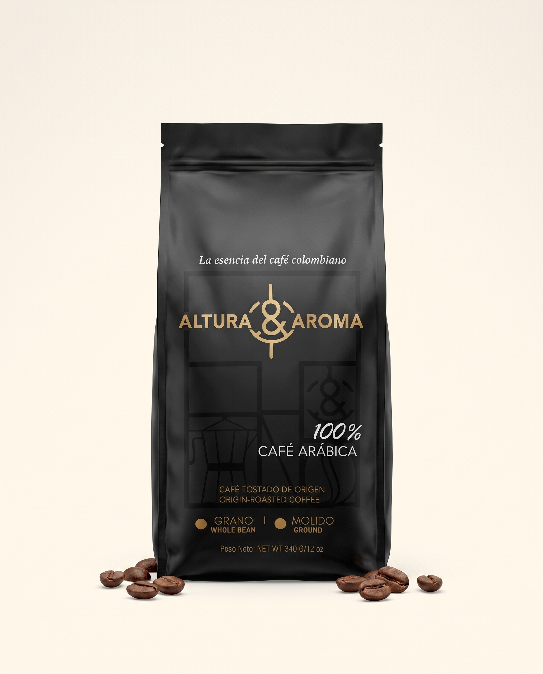 Altura y Aroma Castillo Washed — black and gold coffee bag, front