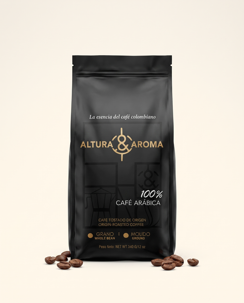 Altura y Aroma Castillo Washed — black and gold coffee bag, front