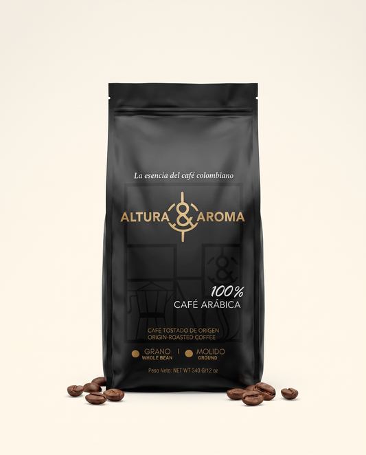 Altura y Aroma Castillo Washed — black and gold coffee bag, front