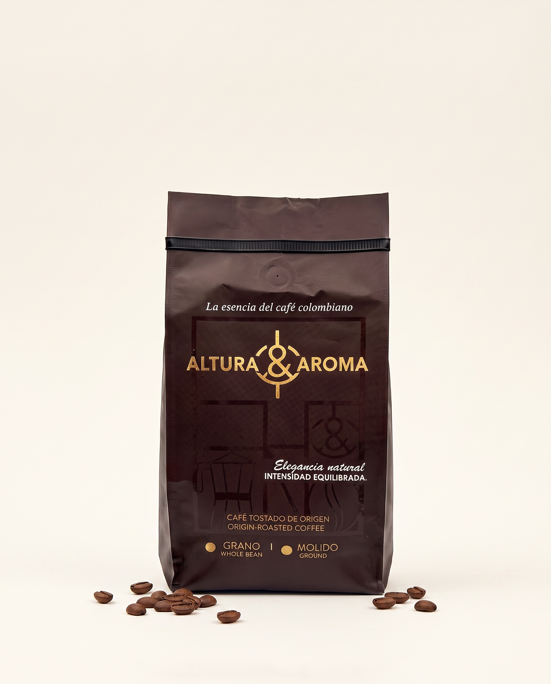 Altura y Aroma Mocha Fermented — brown and gold coffee bag, front