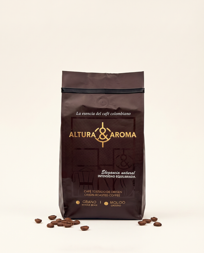Altura y Aroma Mocha Fermented — brown and gold coffee bag, front