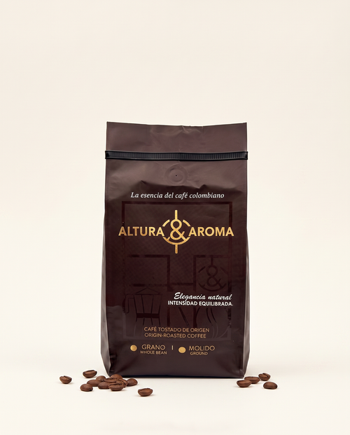 Altura y Aroma Mocha Fermented — brown and gold coffee bag, front