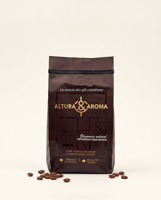 Altura y Aroma Mocha Fermented — brown and gold coffee bag, front