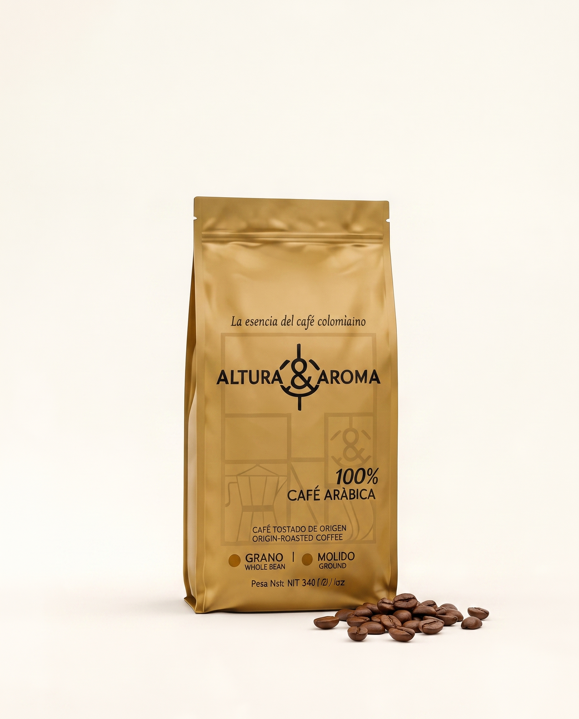 Altura y Aroma Geisha Fermented — gold coffee bag, front label
