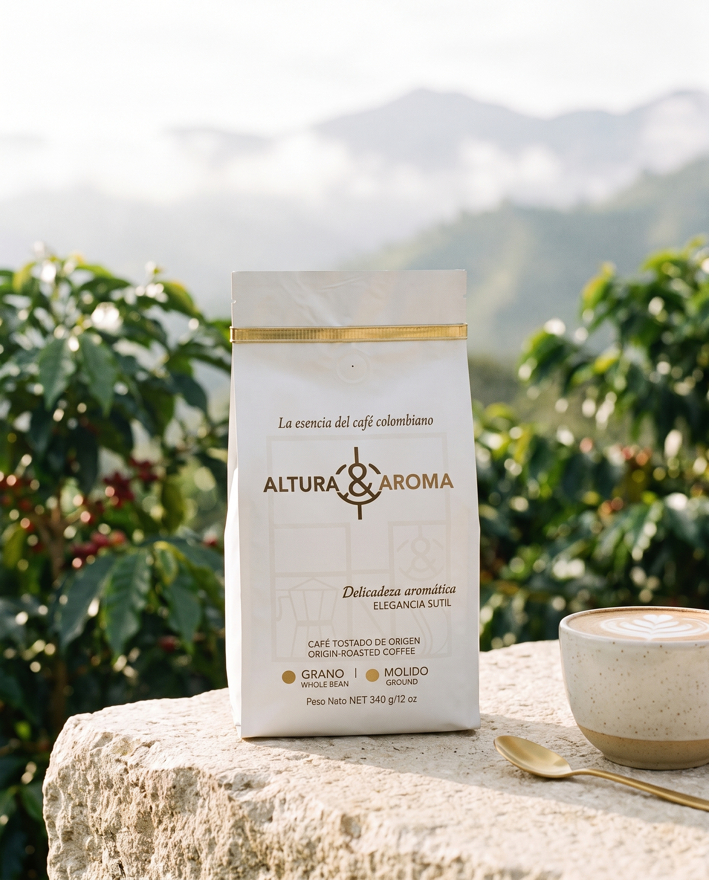 Altura y Aroma Geisha Washed — bag on stone ledge at high-altitude farm