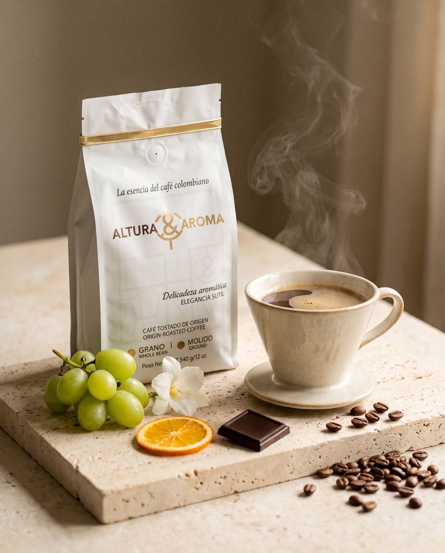 Altura y Aroma Geisha Washed — bag beside a brewed cup with flavor garnish
