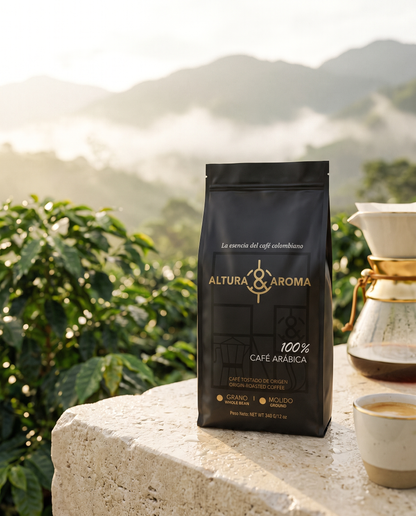 Altura y Aroma Castillo Washed — bag on stone ledge at high-altitude farm