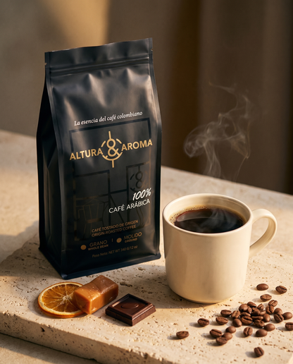 Altura y Aroma Castillo Washed — bag beside a brewed cup with flavor garnish