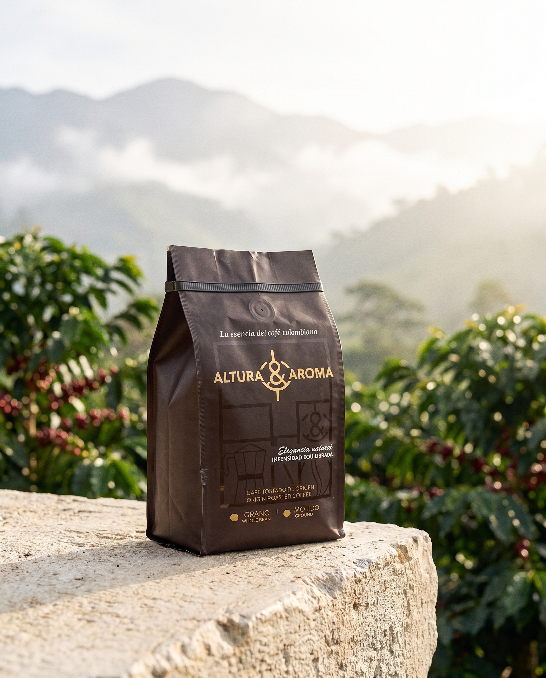 Altura y Aroma Mocha Fermented — bag on stone ledge at high-altitude farm