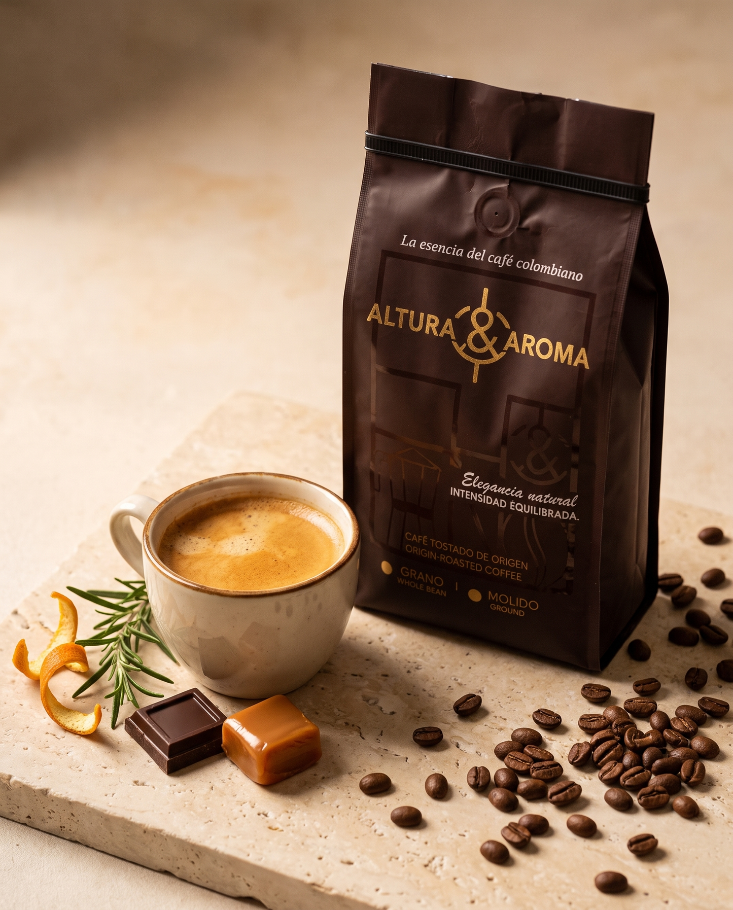 Altura y Aroma Mocha Fermented — bag beside a brewed cup with flavor garnish