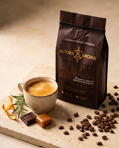 Altura y Aroma Mocha Fermented — bag beside a brewed cup with flavor garnish