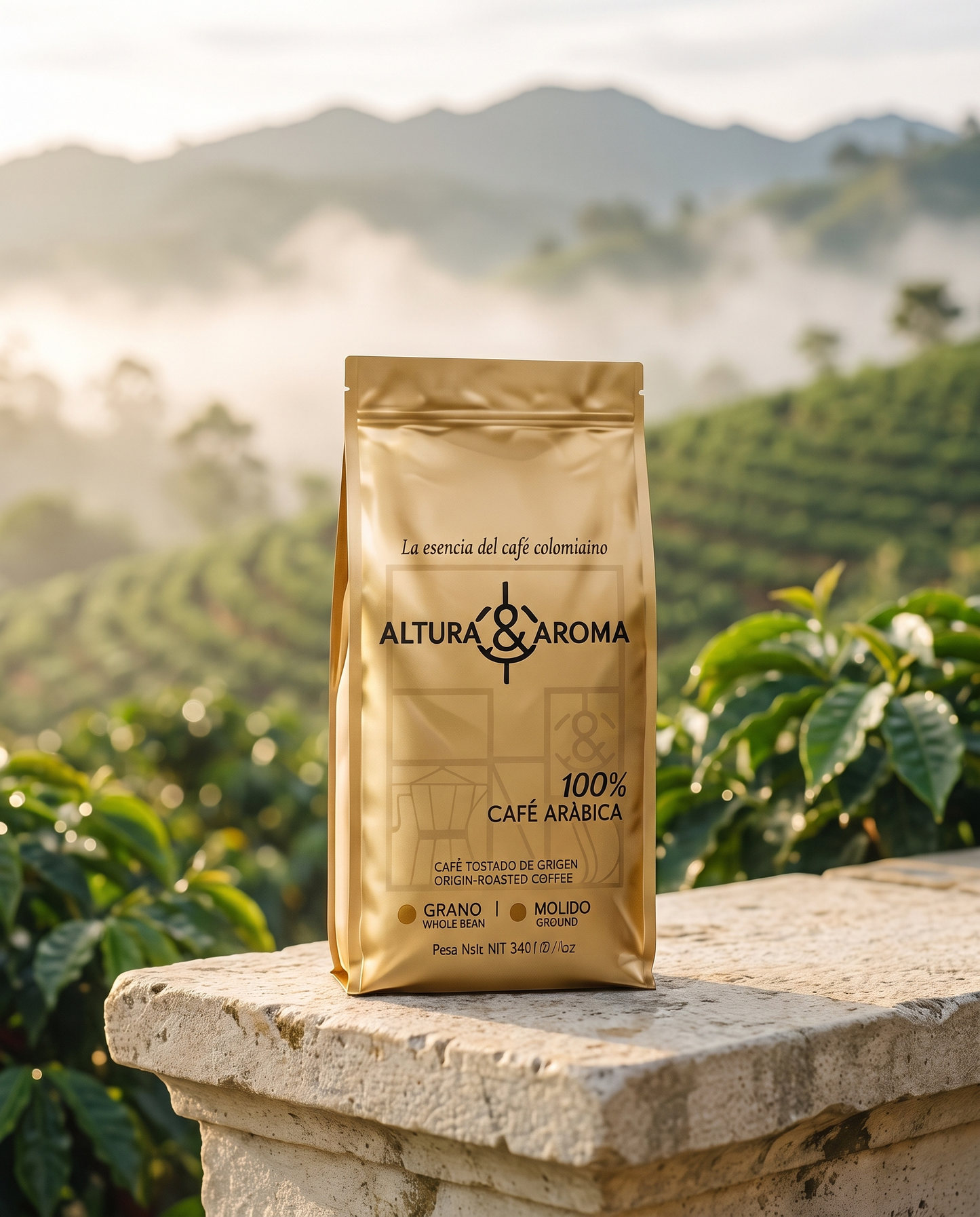 Altura y Aroma Geisha Fermented — bag on stone ledge at high-altitude farm