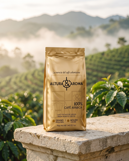 Altura y Aroma Geisha Fermented — bag on stone ledge at high-altitude farm