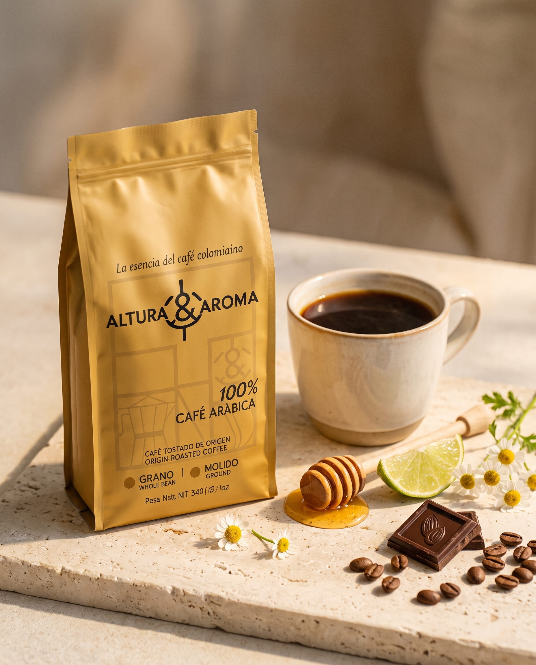 Altura y Aroma Geisha Fermented — bag beside a brewed cup with flavor garnish