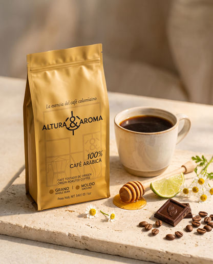Altura y Aroma Geisha Fermented — bag beside a brewed cup with flavor garnish