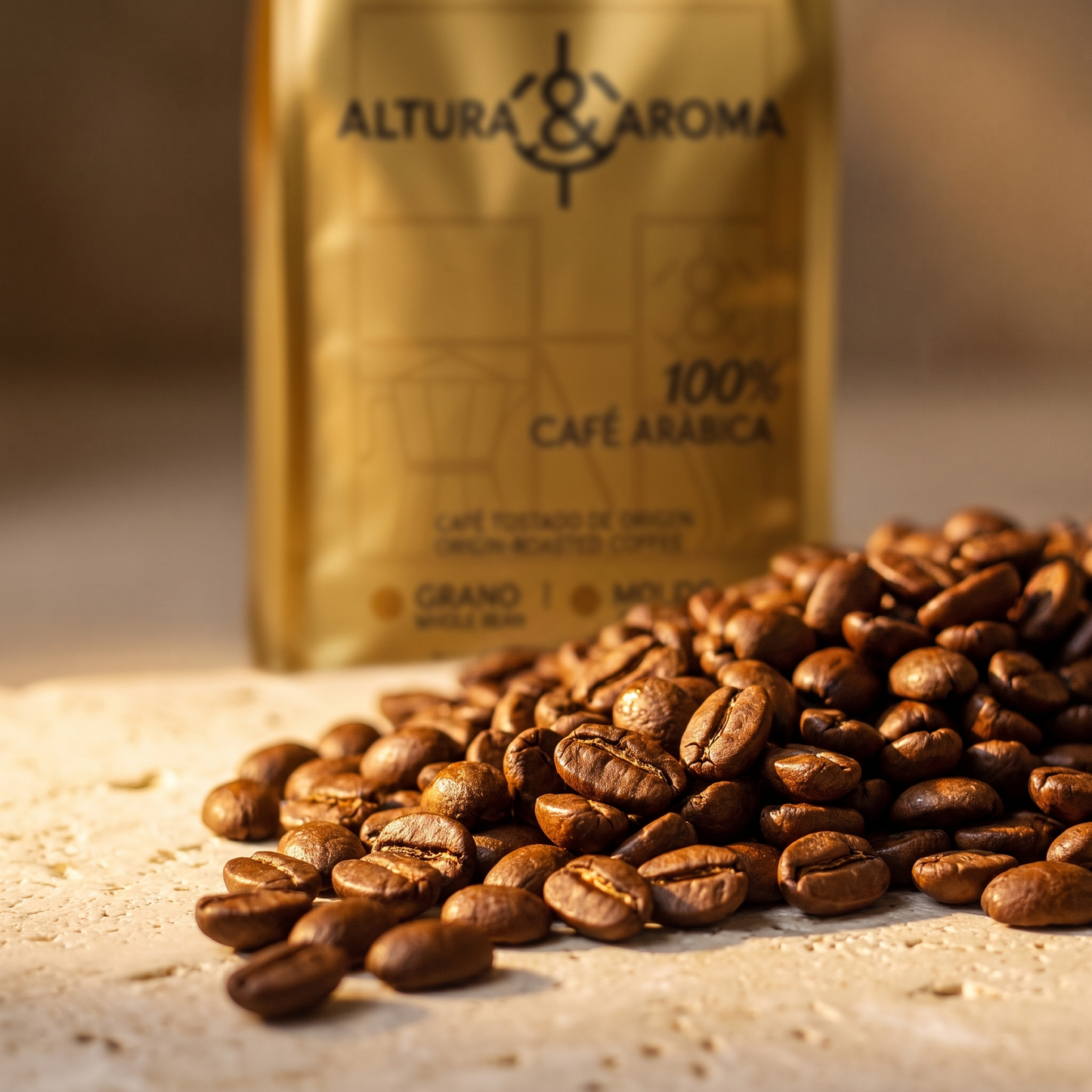 Altura y Aroma Geisha Fermented — macro of freshly roasted coffee beans