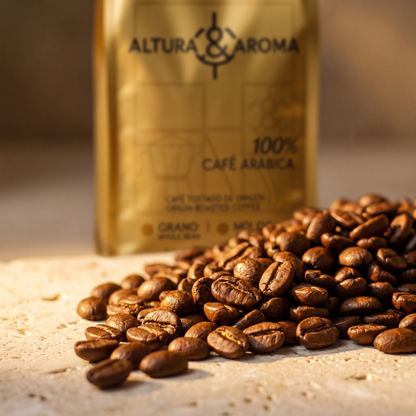 Altura y Aroma Geisha Fermented — macro of freshly roasted coffee beans