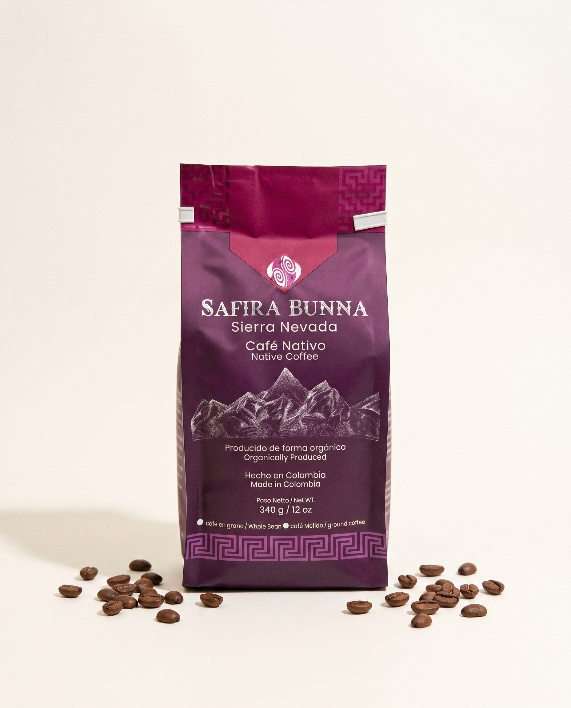 Safira Bunna — deep purple Arhuaco coffee bag, Sierra Nevada, front