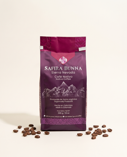 Safira Bunna — deep purple Arhuaco coffee bag, Sierra Nevada, front