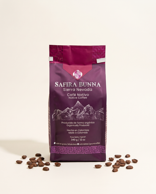 Safira Bunna — deep purple Arhuaco coffee bag, Sierra Nevada, front