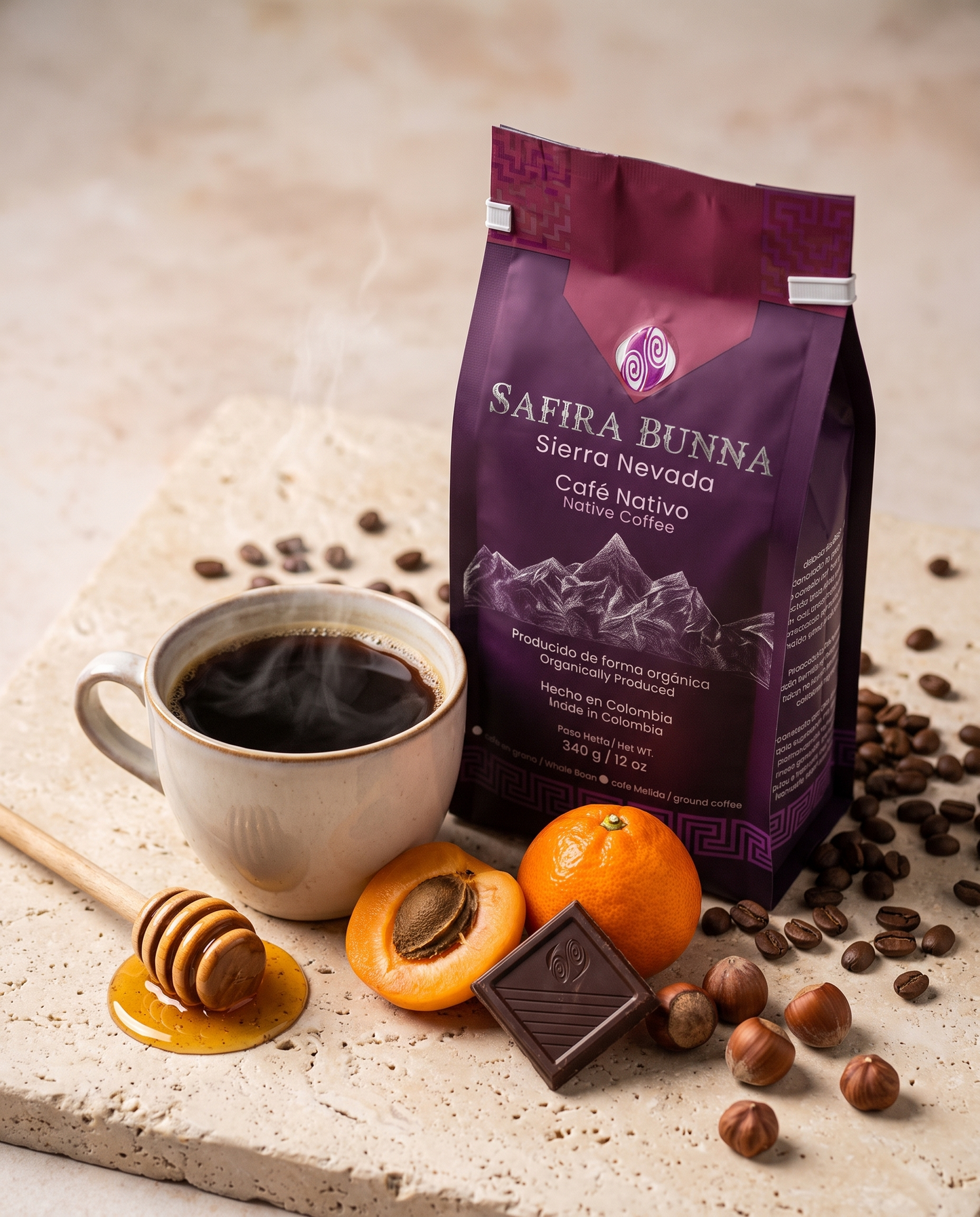 Safira Bunna — bag beside a brewed cup with honey and apricot
