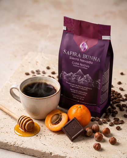 Safira Bunna — bag beside a brewed cup with honey and apricot