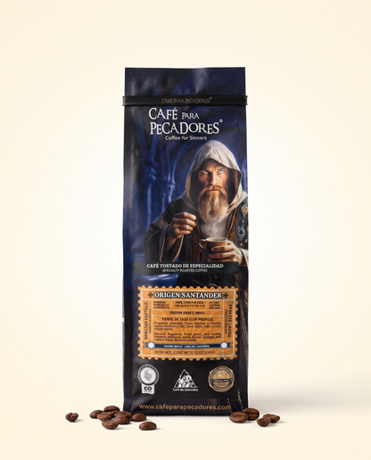Coffee for Sinners — dark navy hooded-monk coffee bag, front label
