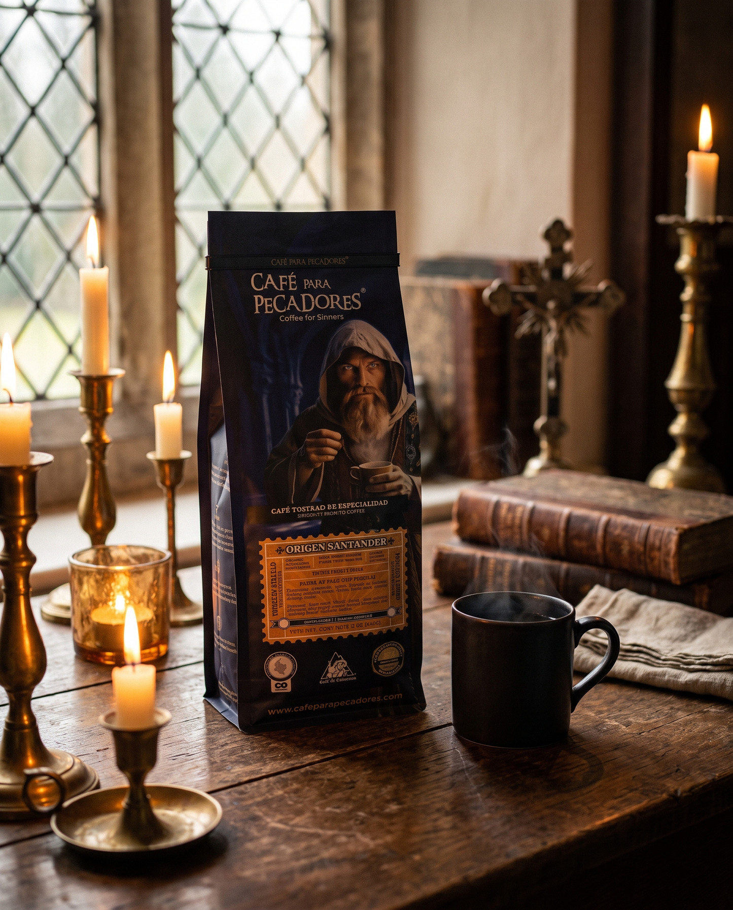Coffee for Sinners — bag in candlelit monastery with church window