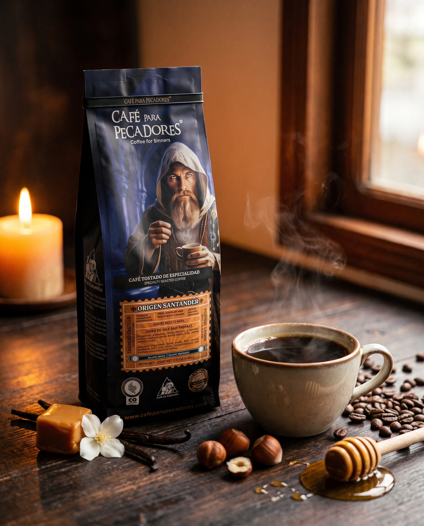 Coffee for Sinners — bag beside a brewed cup with caramel and jasmine